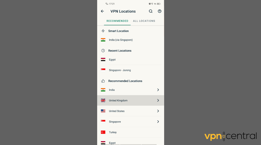 select a VPN location