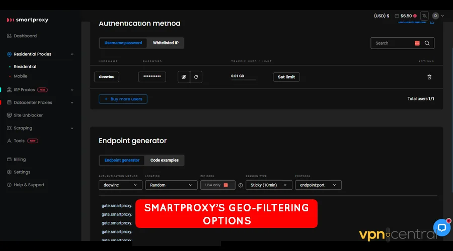 smartproxy's geo-filtering options