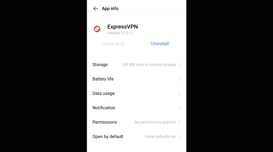 Sorage information for ExpressVPN on android app
