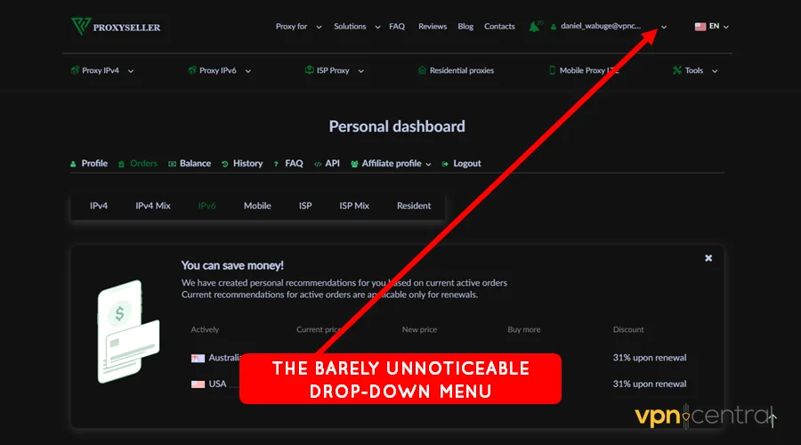proxy seller dashboard barely unnoticeable drop-drown menu