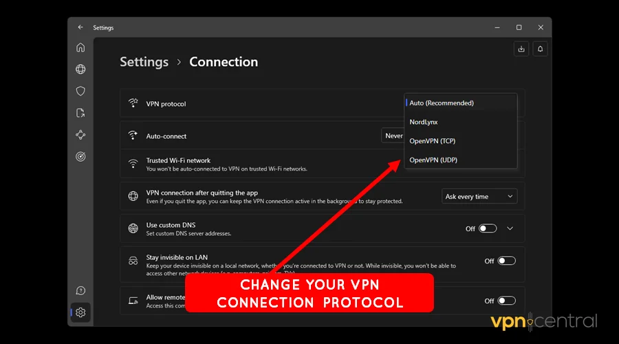 change your vpn connection protocol