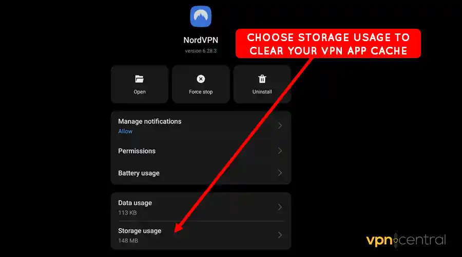 choose storage usage to clear your vpn app cache