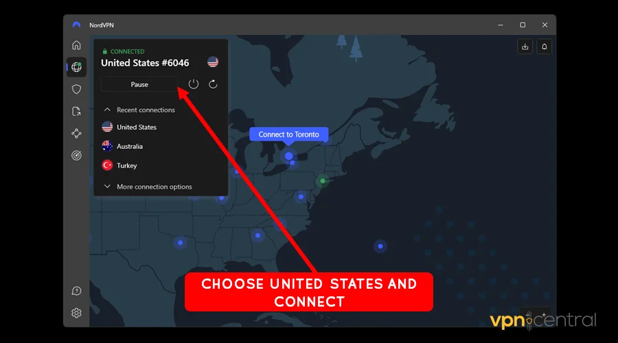 choose united states on nordvpn and connect