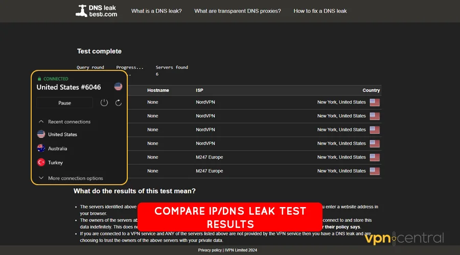 compare ip and dns leak tests