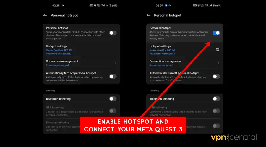 enable hotspot and connect your meta quest 3