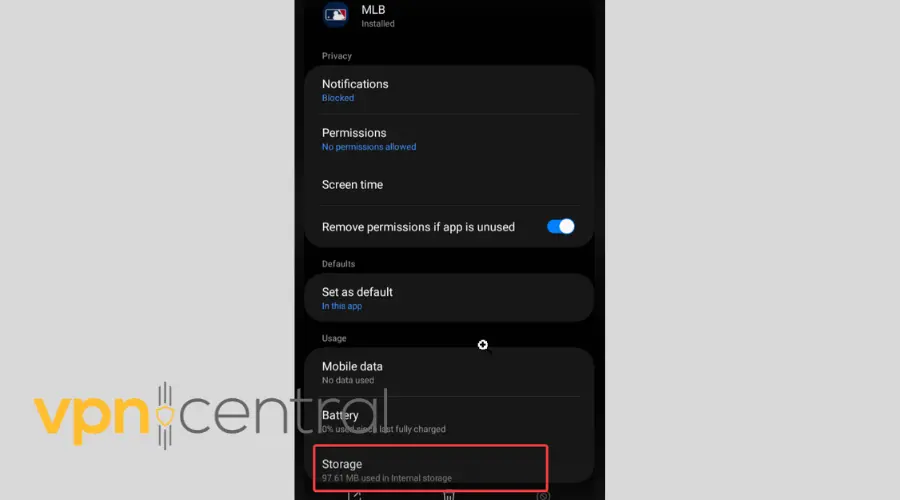 mlb app storage settings on android